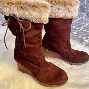 Lower East Side Brown Faux Fur Wedge Heel Pull On Mid-Calf Boots 9.5